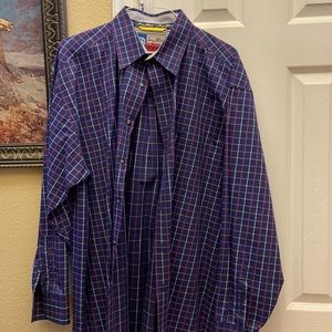 Mens navy blue striped Wrangler George Strait shirt.